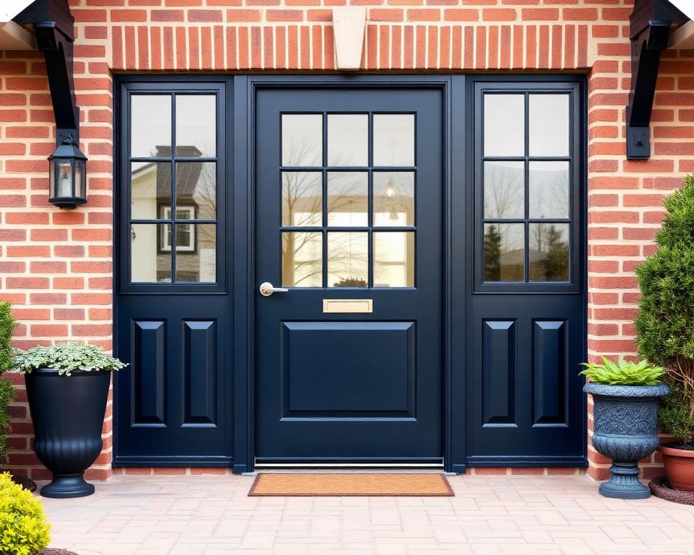 Navy blue entry door with sidelights on a brick home