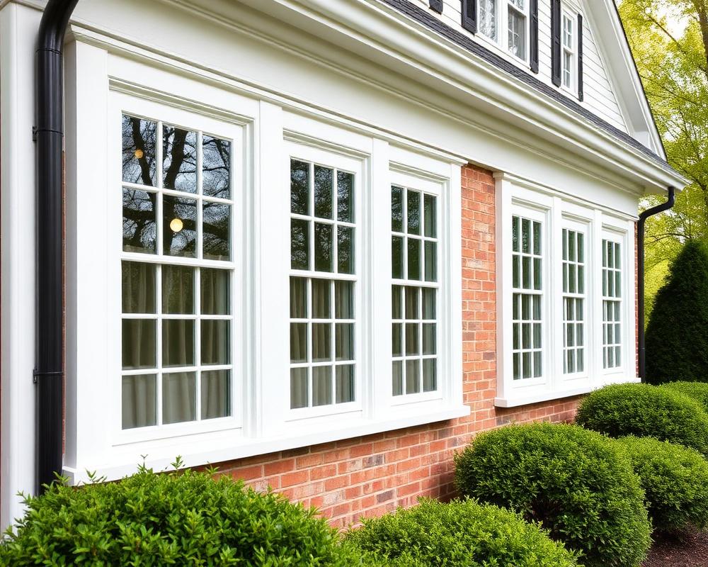 Row of tall casement windows on a colonial home
